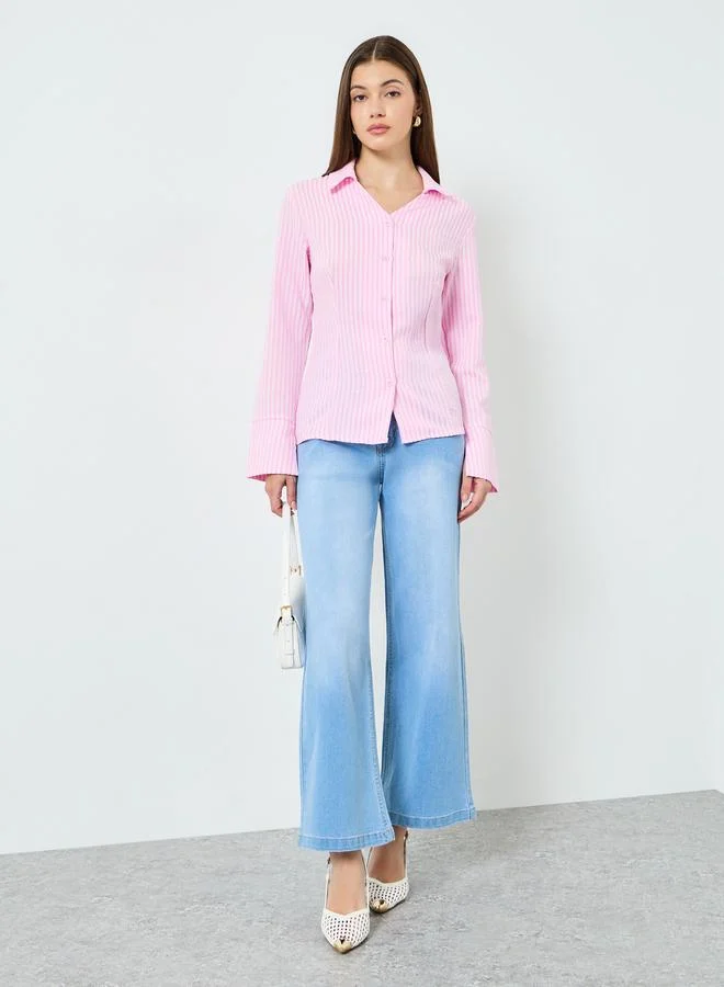 Styli Women Pink Striped Long Sleeve Blouse